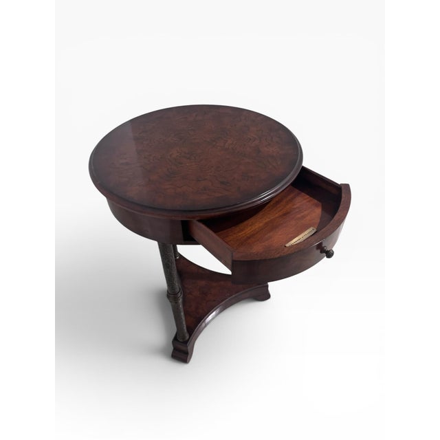 Theodore Alexander Theodore Alexander Burl Wood Accent / Martini Table With Drawer & Engraved Metal Supports For Sale - Image 4 of 10