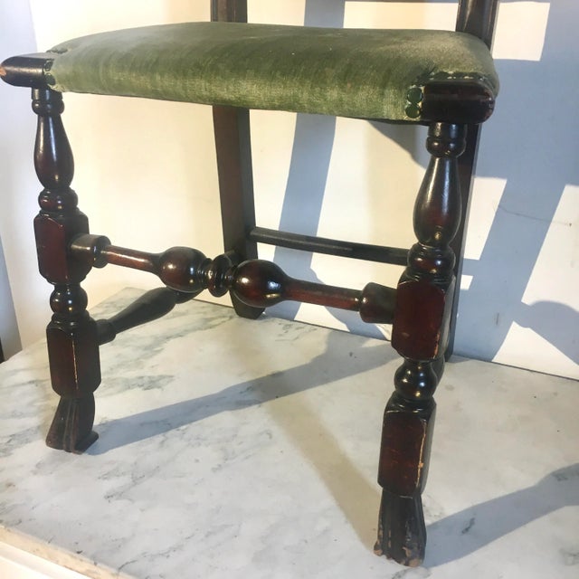Charming Dutch-footed side chair with soft-green tone velvet nailhead seat. Dimensions: 18.75" x 18.25" x 41.75" 0.26