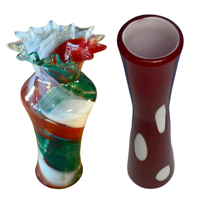 Contemporary Art Glass Ribbon Swirl and Polka Dot Vase- A Pair For Sale - Image 3 of 18