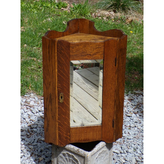 Brown Antique Oak Corner Medicine Cabinet Beveled Mirror Cupboard Kitchen Apothecary For Sale - Image 8 of 13