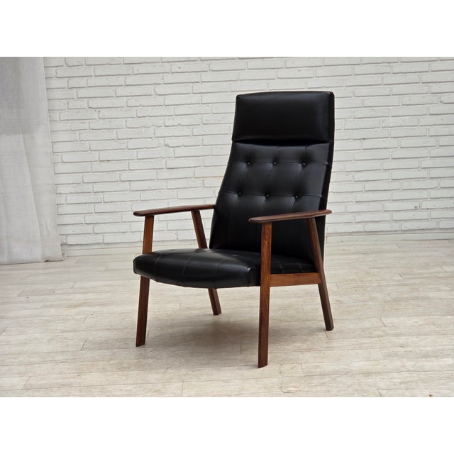 Danish Armchair in Black Artificial Leather and Teak Wood, 1970s For Sale - Image 14 of 18