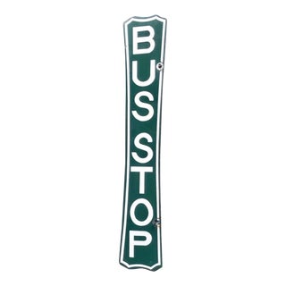 Bus Stop Sign, Early 20th Century Porcelain Americana Transportation, Vertical Double Sided Enameled Steel For Sale