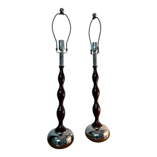 Pair of Mid-Century Style Wood and Chrome Lamps For Sale