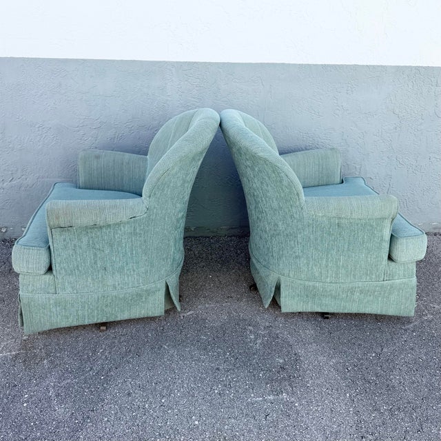 Stanley Furniture Postmodern Turquoise Fabric Clam Shell Scalloped Swivel Lounge Chairs by Stanley - A Pair For Sale - Image 4 of 6