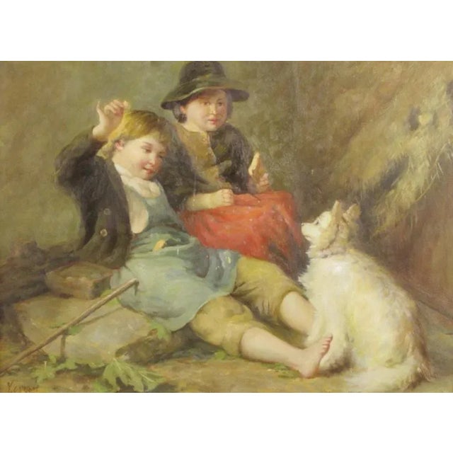 Oil painting in Prunkrahmen - Children with dog. Oil on panel, signed with YC Dupon. The frame is very complicated and...