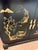 1960s asian campaign style black lacquered/gold painted 2-door chest/console w/ brass corner detail. Excellent condition.