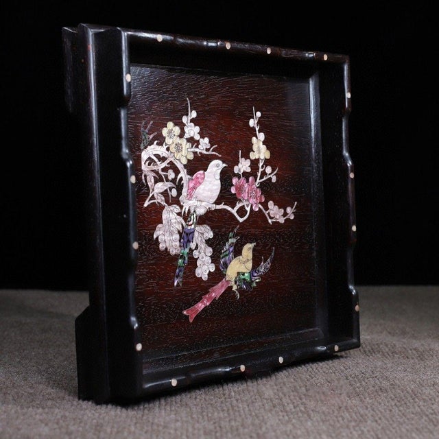 Late 20th Century Late 20th Century Square Wooden Tray With Mother-of-Pearl Bird and Blossom Inlay For Sale - Image 5 of 9