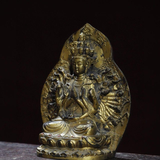 Metal Vintage Gilt Bronze Thousand-Hand Guanyin Statue With Halo For Sale - Image 7 of 9
