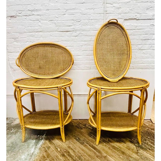Wood A Pair of Vintage Mid 20th Century Coastal Oval Bamboo Rattan Side Tables For Sale - Image 7 of 9