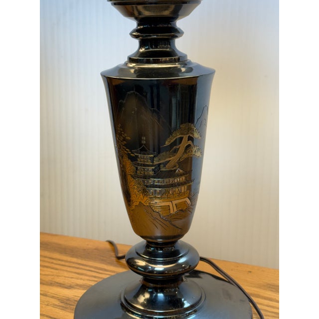 Japanese Mid 20th Century Japanese Black Bronze Japanese Etched Table Lamps, Pair For Sale - Image 3 of 12