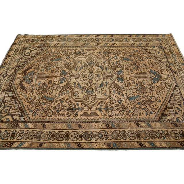 Textile Mid 20th Century Vintage Persian Distressed Beige Handmade Floral Wool Rug For Sale - Image 7 of 9