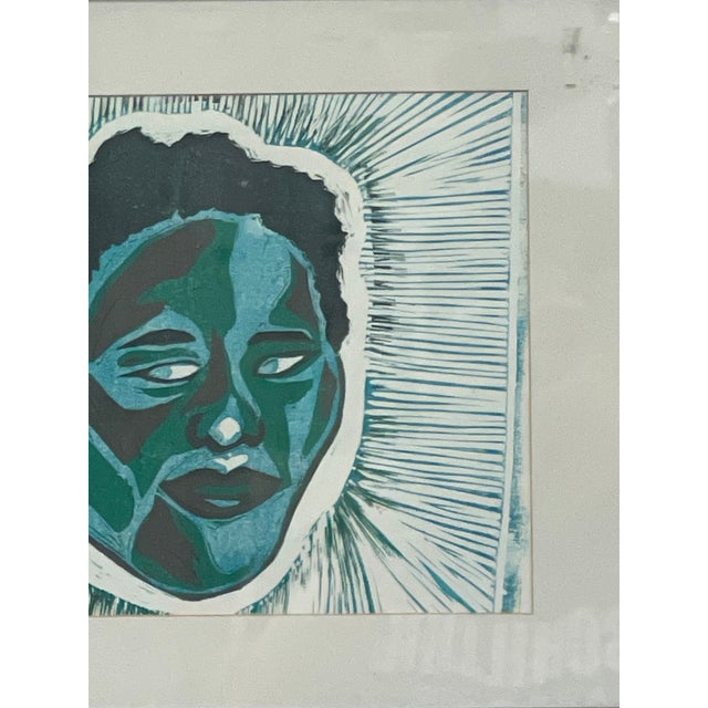 1970s Framed Contemporary Figurative Portrait Print in Blue and Green. For Sale - Image 9 of 10