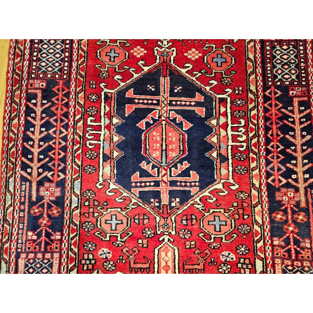 Persian Antique Persian Heriz Karajeh Runner, Hand-Knotted Wool, Geometric Medallion Pattern, Red & Navy, 4x14 For Sale - Image 3 of 18