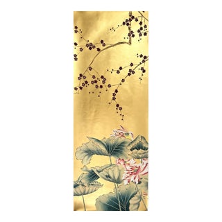 Gold Leaf Hand-P Plum Blossom & Lotus Oriental Mural For Sale