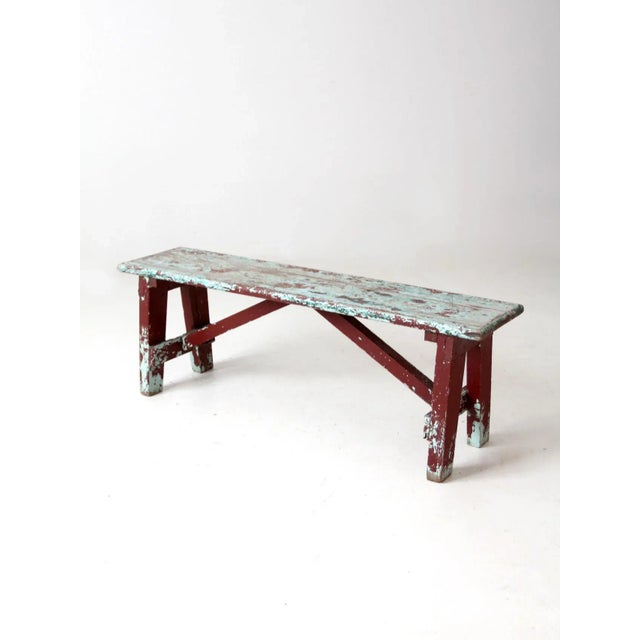 Farmhouse Antique Primitive Painted Bench For Sale - Image 3 of 13