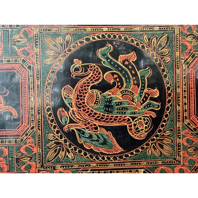 Boho Chic Antique Black Red Burmese Lacquer Zodiac Tray For Sale - Image 3 of 17