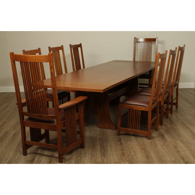 Stickley Mission Collection Oak 9 Piece Dining Set; Trestle Table, 8