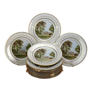 13 Vintage German “Kaiser Country Scenes” Painted Porcelain & Gilt Plates C1950 For Sale