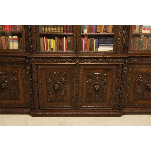 Wood Victorian Carved Oak Breakfront Bookcase, 1870s For Sale - Image 7 of 18