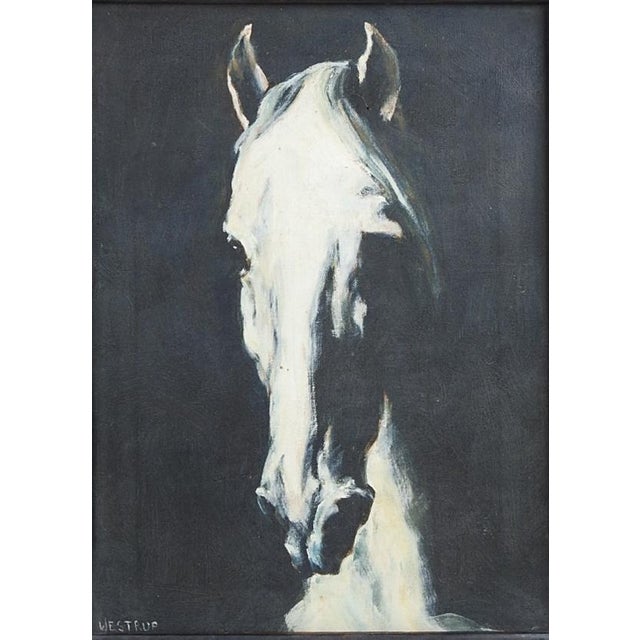 Late 20th century oil on canvas painting of a white horse. Signed Westrup lower left corner. Displayed in dark wood frame,...