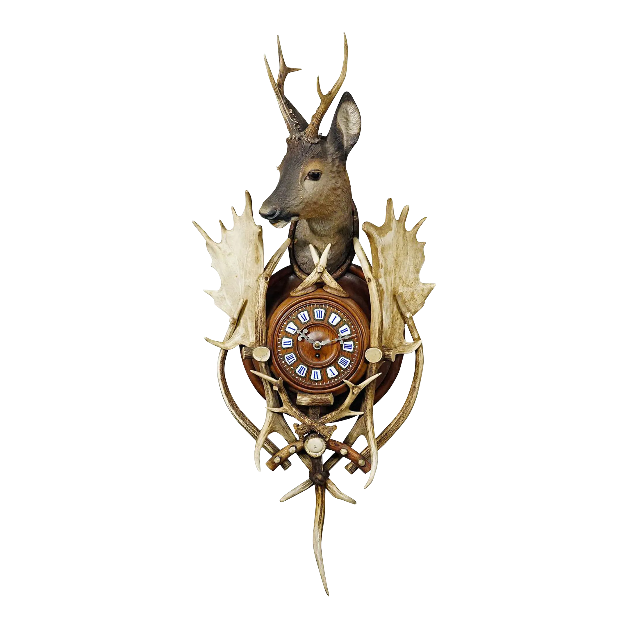 Antique Cabin Antler Wall Clock With Deer Head Austria Ca. 1900