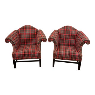 Late 20th Century Vintage Ralph Lauren Style Red Tartan/Plaid Nailhead Studded Pair of Club Chairs by Hickory Nc Ashley Manor For Sale