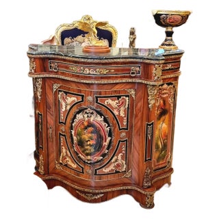 French Louis XVI Brown Commode – Marble Top, Marquetry & Gold Leaf Cabinet For Sale