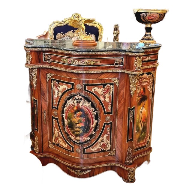French Louis XVI Brown Commode – Marble Top, Marquetry & Gold Leaf Cabinet For Sale
