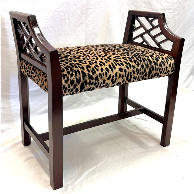 Vintage Fretwork Curved Arm Vanity Stool/ Bench With New Leopard Upholstery For Sale - Image 16 of 18