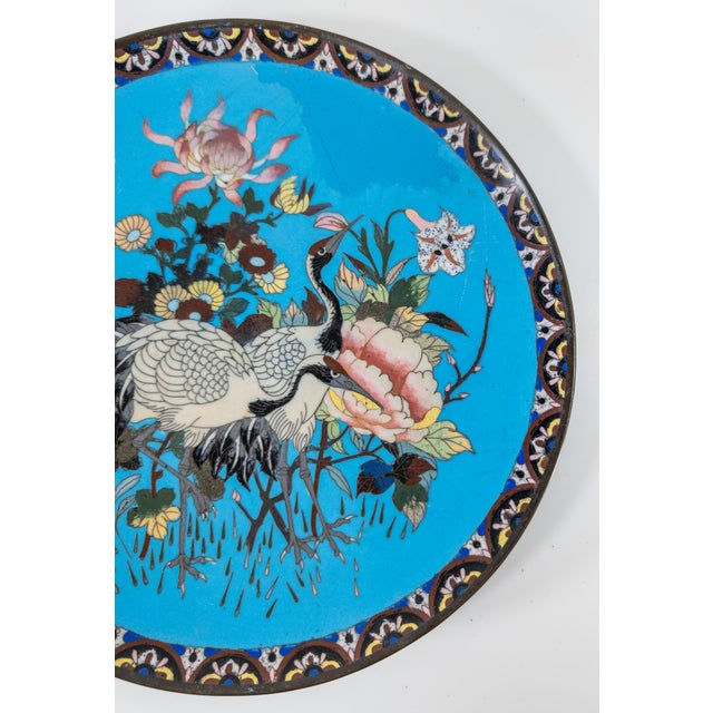 Japanese 19th Century Japanese Restored Cloisonne Enamel Charger Plate With Cranes For Sale - Image 3 of 12