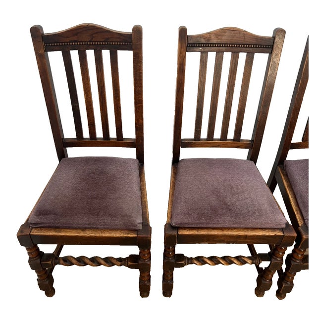 Antique Chairs set of four, Barley Twist Foot Bar, Solid Oak, Fabric Seats. 41" x 19' X 17", cushion seat height 18"....