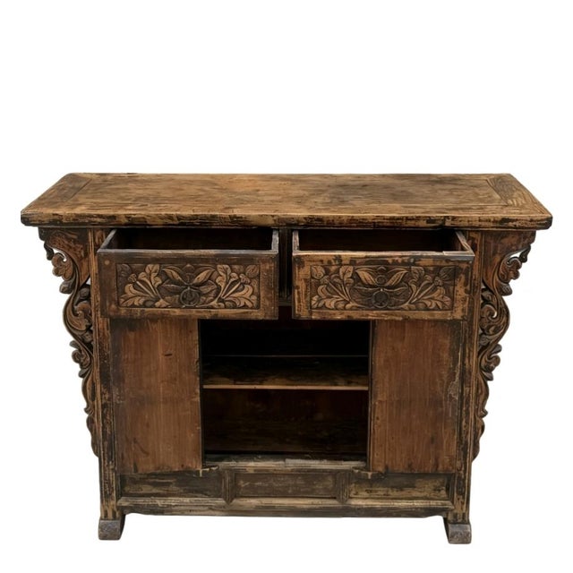 Carved Elm Dual-Drawer Cabinet For Sale - Image 4 of 5