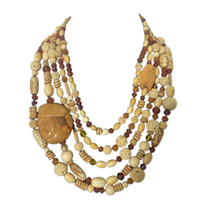 Mid 20th Century Five Strand Beaded Necklace With Carved Nut Pendants