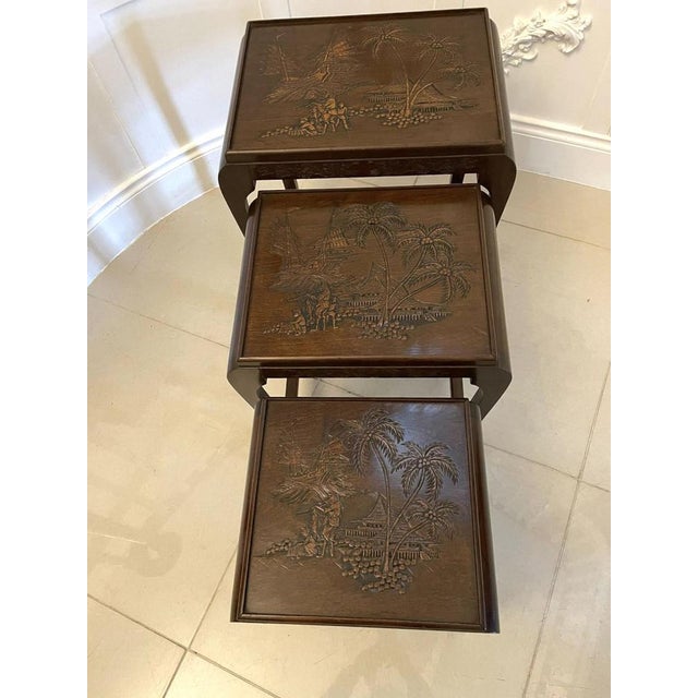 1920s Antique Carved Teak Nesting Tables, 1920, Set of 3 For Sale - Image 5 of 16
