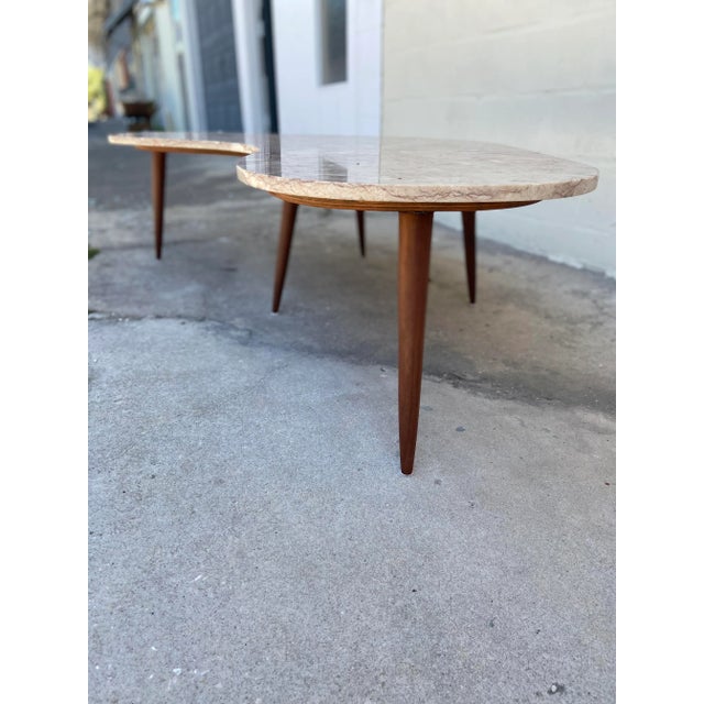 Custom signed Studio Piece, granite-top [ rosie taupe and off-white ] with wooden pencil legs. *Table base is separate...