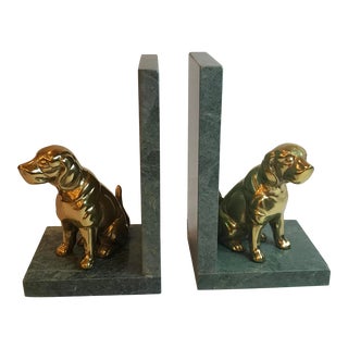 Vintage Brass and Marble Dog Bookends - a Pair For Sale