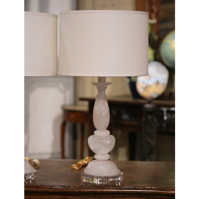Pair of Brazilian Carved Rock Crystal Table Lamps on Acrylic Bases For Sale - Image 4 of 8