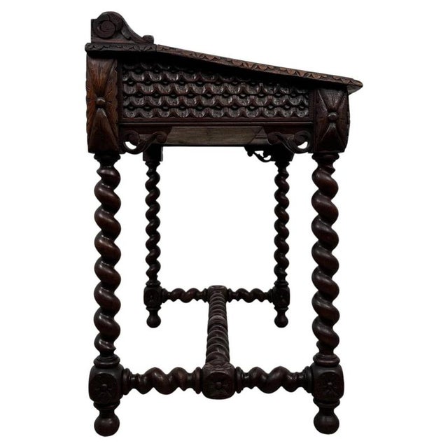 19th Antique Century English Victorian Carved Oak Writing Table with Leather Top For Sale - Image 6 of 11