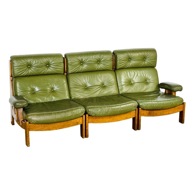 Vintage Scandinavian Modular Sofa in Green Leather and Oak, 1960s, Set of 3 For Sale