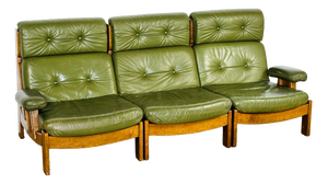 Vintage Scandinavian Modular Sofa in Green Leather and Oak, 1960s, Set of 3
