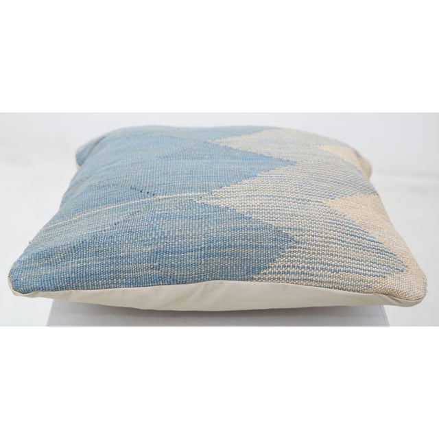 Abstract Arteverk Handwoven Afghan Kilim Pillow — Blue & Beige Chevron For Sale - Image 3 of 3