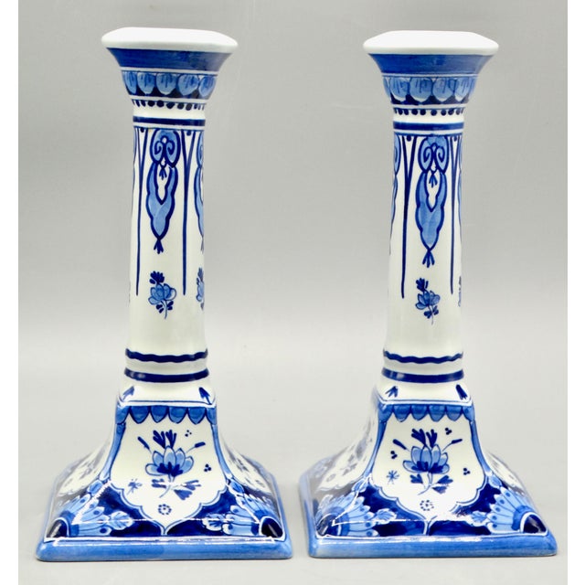 Delft Dutch Delft Chinoiserie Candle Holders, a Pair For Sale - Image 4 of 8