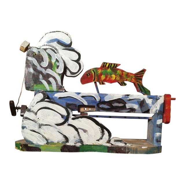 Kinetic Folk Art Wood Sculpture Salmon Swimming Upstream For Sale