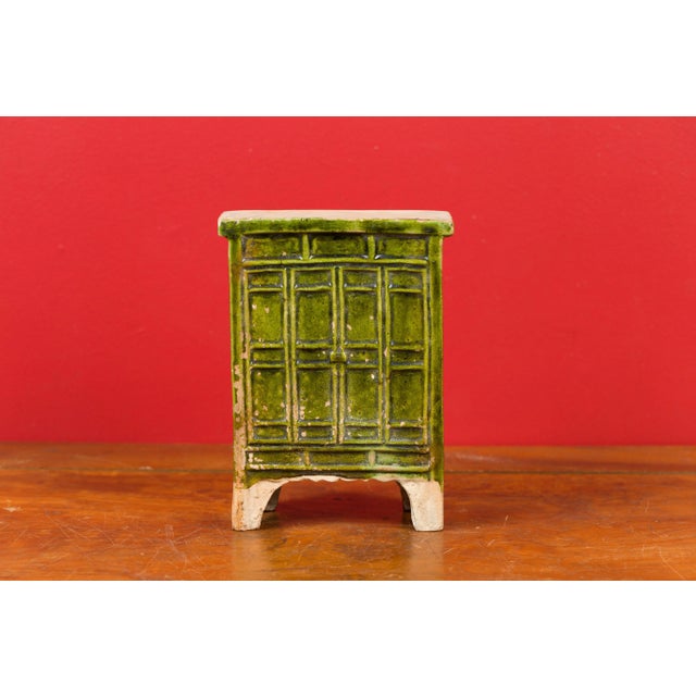 17th Century Early 21st Century Chinese Ming Dynasty Period Green Glazed Miniature Armoire with Bracket Feet For Sale - Image 5 of 13