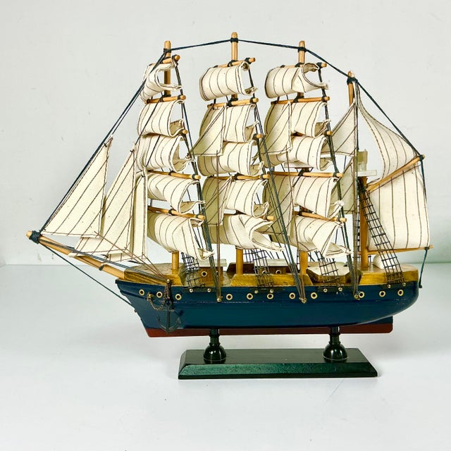 Antique White Mid-Century Nautical Coastal Boho Chic Wood Four Tall Mast Ship Model For Sale - Image 8 of 16
