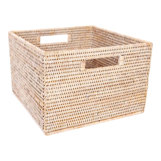 Artifacts Rattan Square Storage Basket with Handles in White Wash - 12" For Sale
