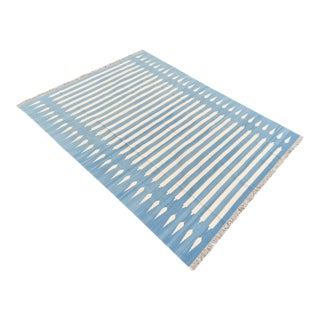 Handwoven Cotton Area Rug Vegetable Dyed Sky Blue and White Striped Dhurrie - 13'x18' For Sale