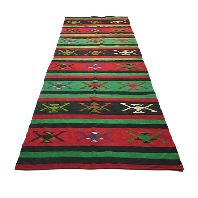 Large Turkish Moroccan Green Wool Shabby Kilim Rug 294x116 cm For Sale
