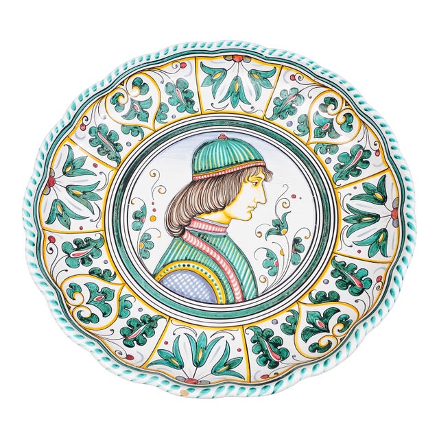 Mid 20th Century Deruta Taly D. Grazia Maiolica Large Portrait Wall Bowl Charger Plate For Sale