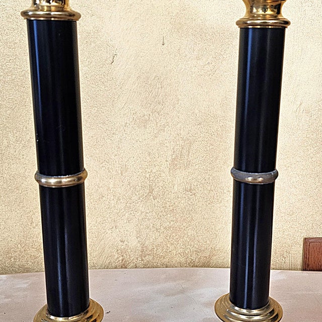 Mid 20th Century Pair of Vintage Brass & Black Enamel Candlestick Holders For Sale - Image 5 of 14